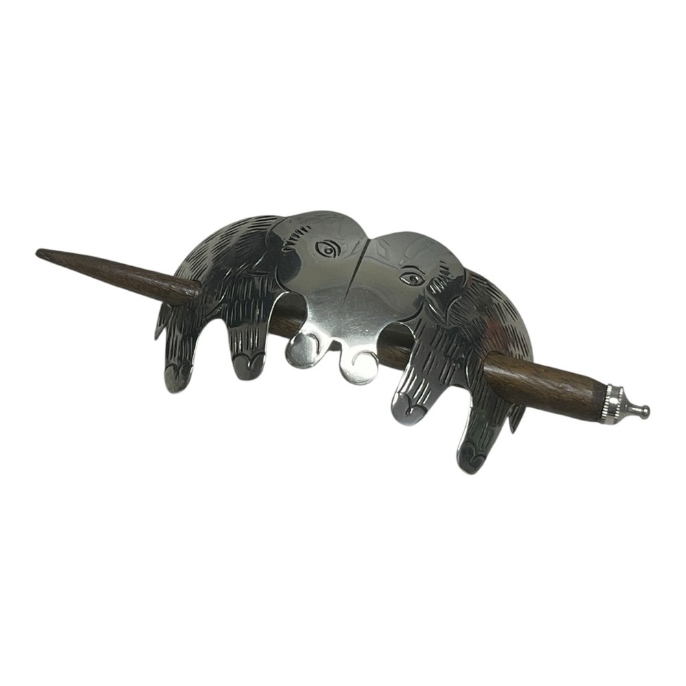 Artisan Silver Elephant Hair Stick with Wooden Pin – Boho Animal Hair Accessory
